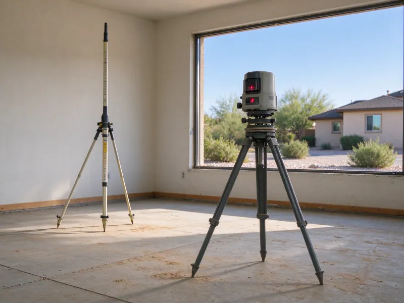 Tripod-mounted laser level and a supported survey rod on an exposed residential concrete floor, representative North Las Vegas setting