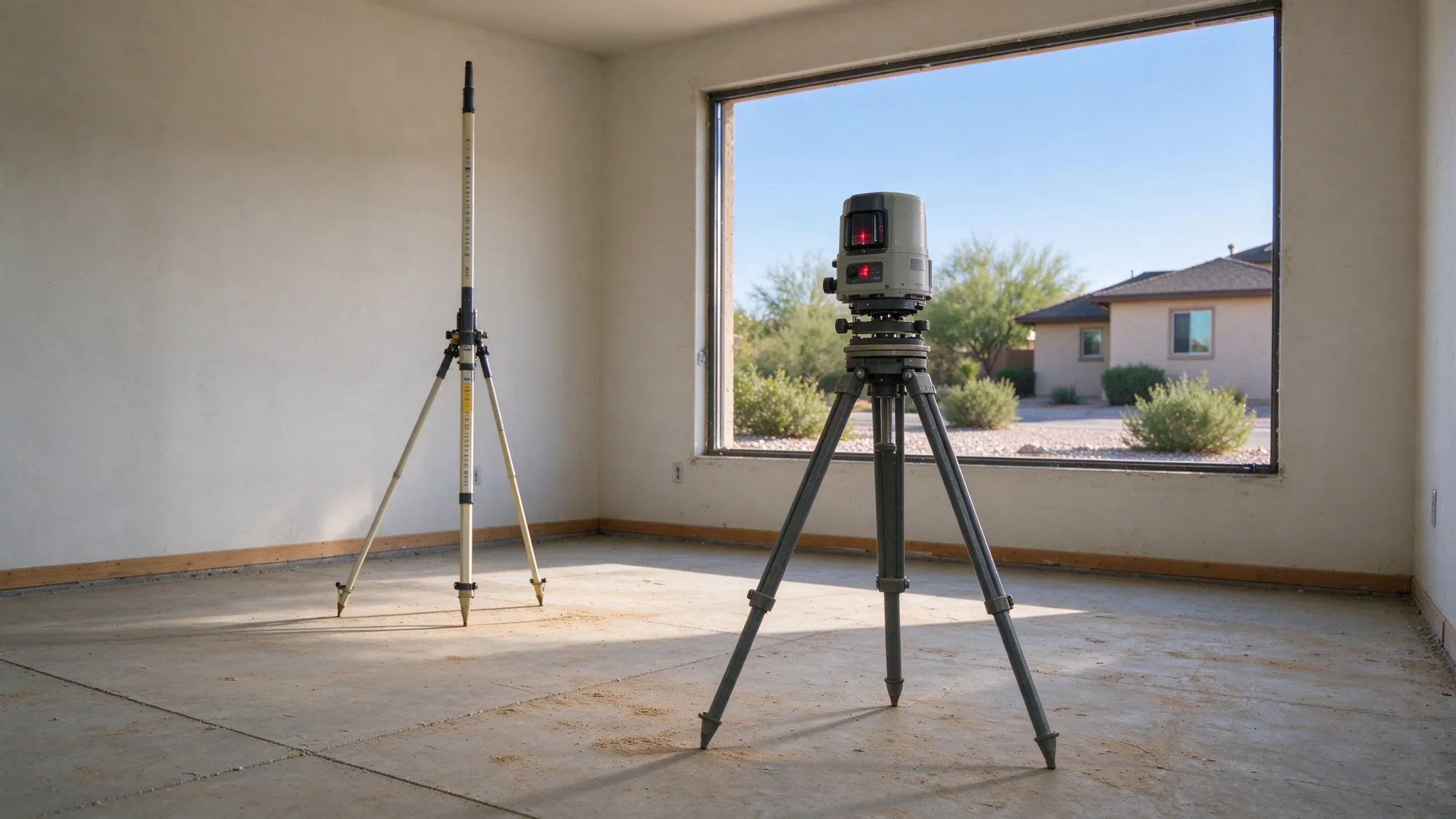 Tripod-mounted laser level and a supported survey rod on an exposed residential concrete floor, representative North Las Vegas setting