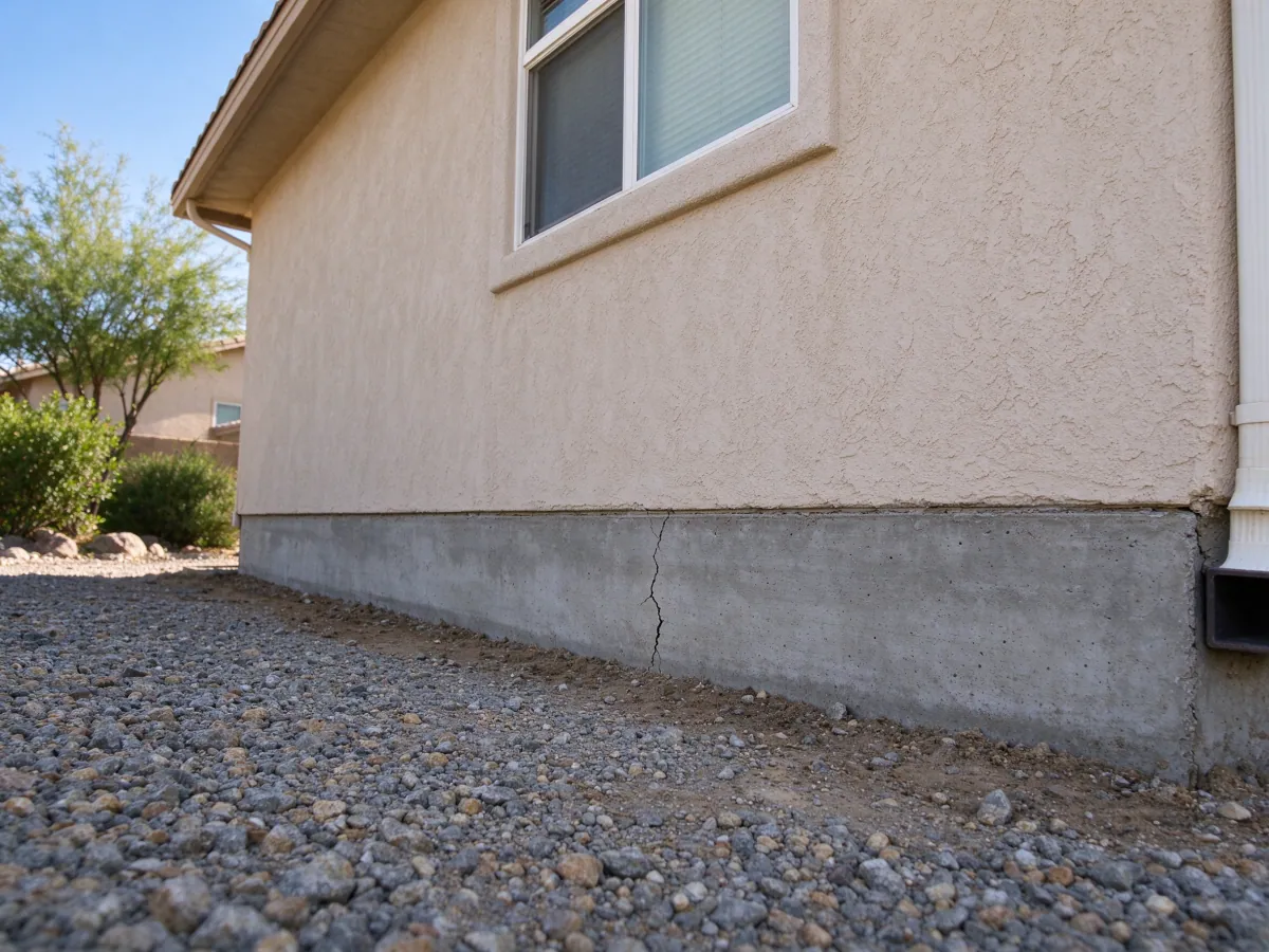 Vertical crack in an exposed house foundation beneath a stucco wall, representative North Las Vegas setting