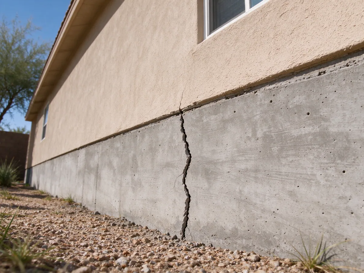 Vertical crack in exposed concrete beneath a stucco house wall, representative North Las Vegas setting