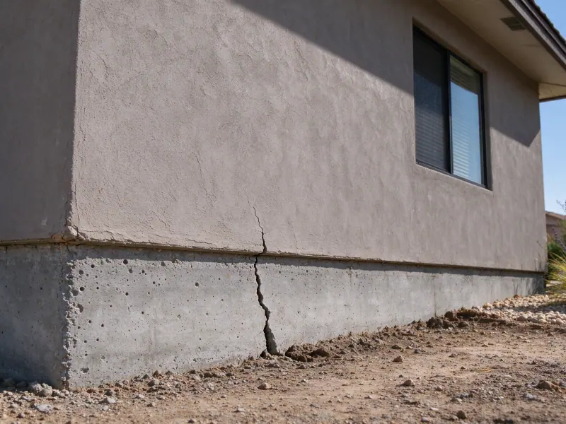 Vertical crack in the exposed concrete foundation beneath a stucco house, representing Enterprise