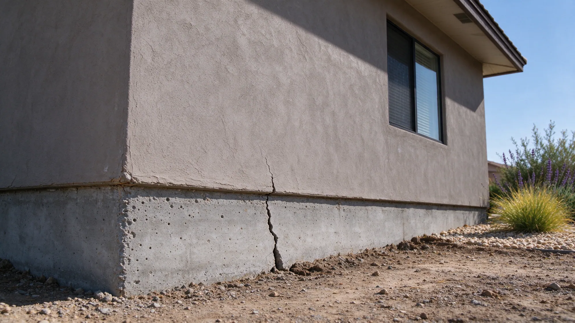 Vertical crack in the exposed concrete foundation beneath a stucco house, representing Enterprise