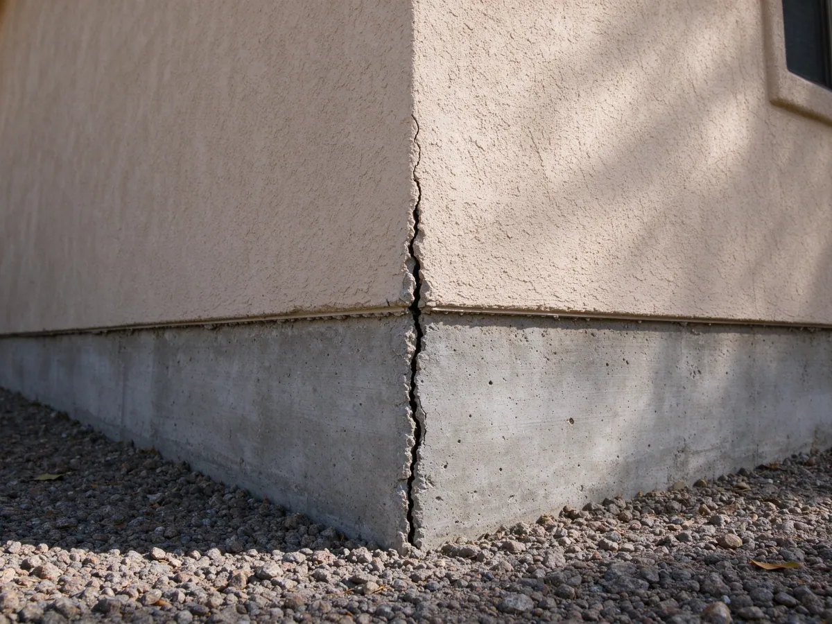 Vertical crack through a house foundation and stucco corner, representative North Las Vegas setting