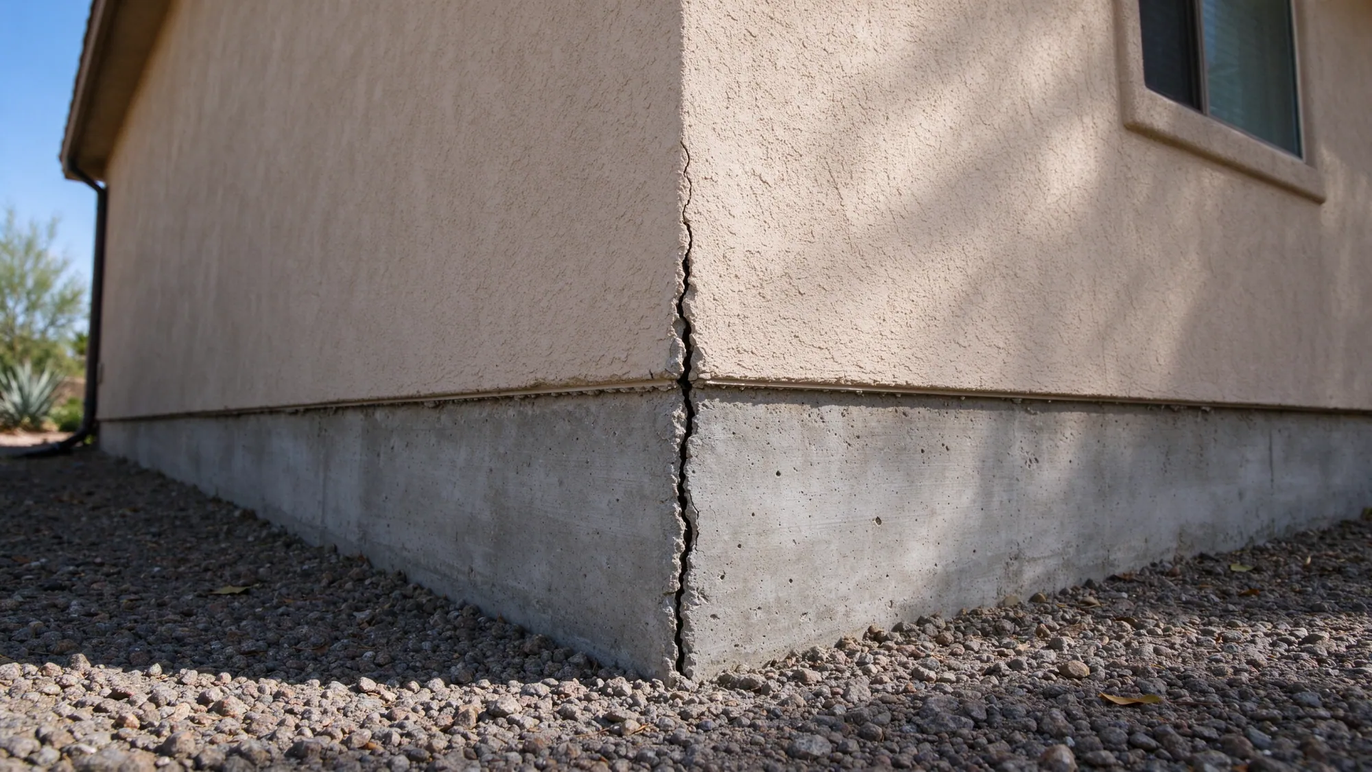 Vertical crack through a house foundation and stucco corner, representative North Las Vegas setting