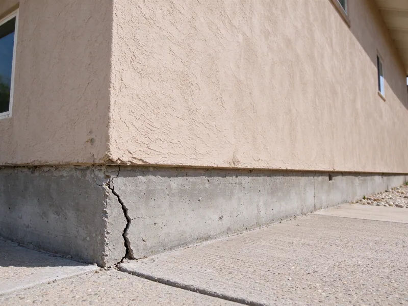 Visible corner crack in the concrete foundation beneath a stucco home, representing Henderson