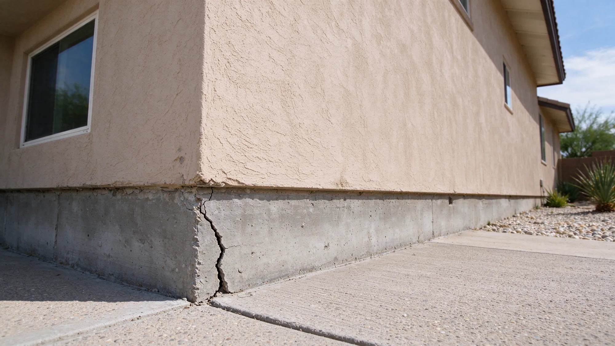 Visible corner crack in the concrete foundation beneath a stucco home, representing Henderson