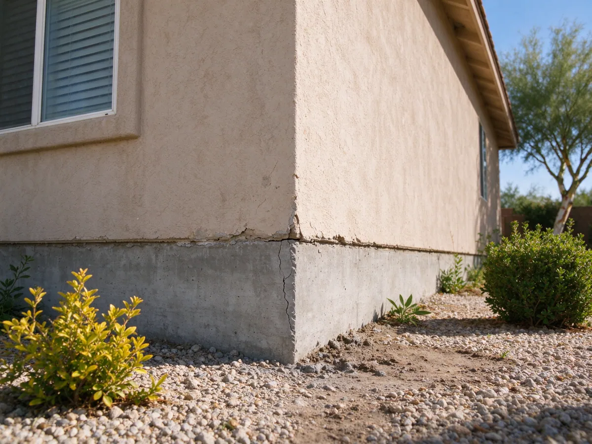 Visible crack at a concrete house foundation corner beneath weathered stucco, representative North Las Vegas setting
