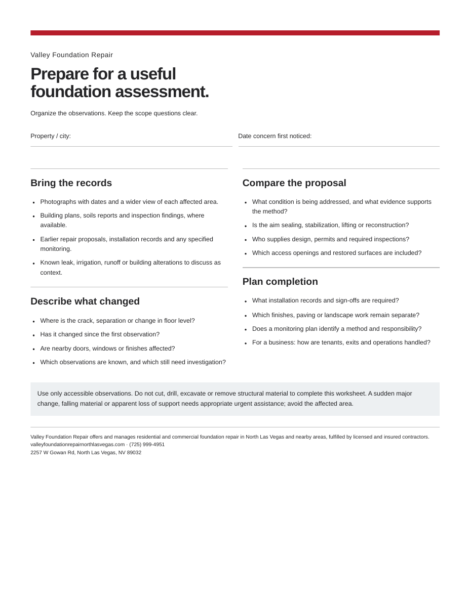 First page of the foundation assessment preparation worksheet, with records, observation, proposal and completion checklists